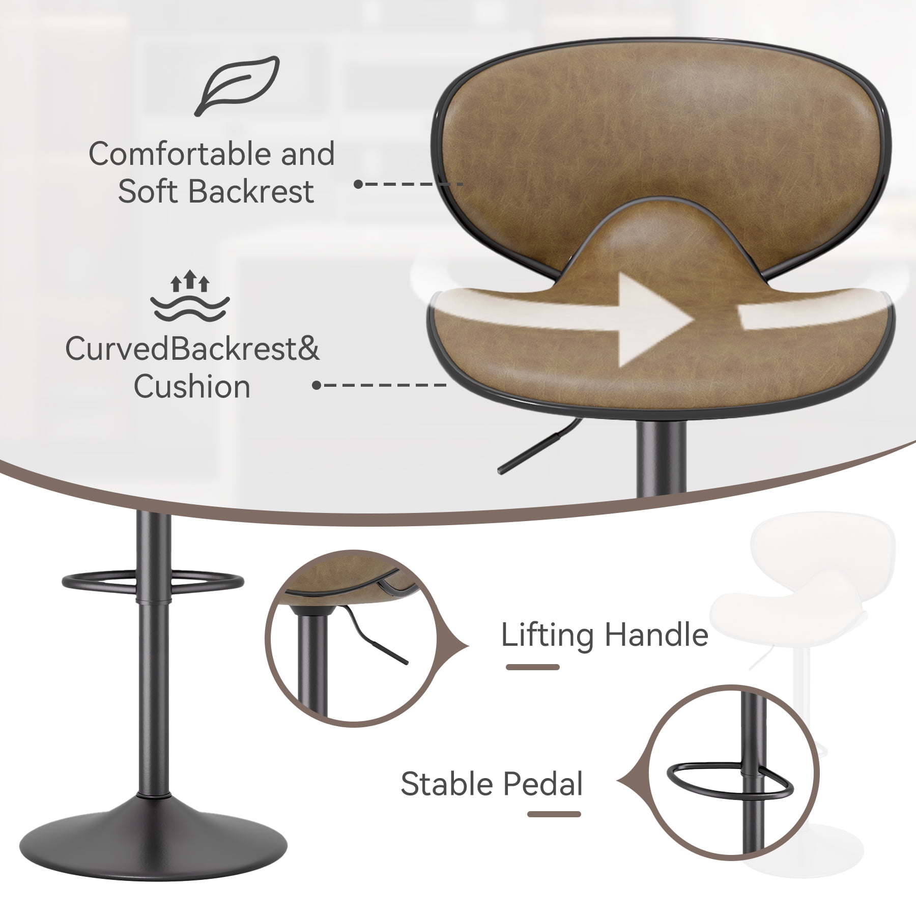 Hawsaiy Adjustable Swivel Bar Stools Set of 2 with Back and Footrest, Faux Leather Counter Height Kitchen Stools, Modern Bar Chairs for Island and Home Bar, Brown