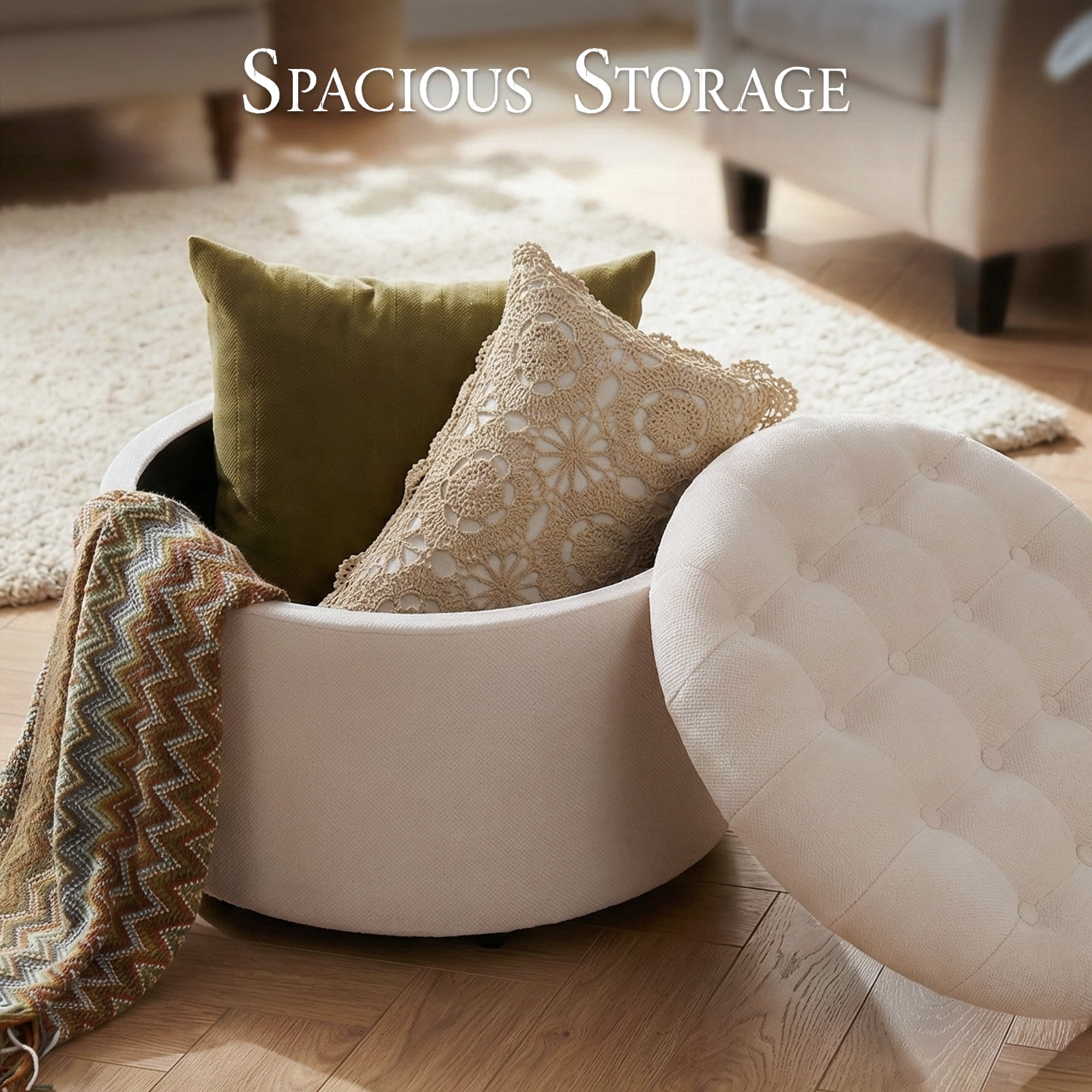Dovov 25" Tufted Round Ottoman with Storage, Large Storage Ottoman Footrest Flip Top Foot Stool, 220lbs Capacity, Beige