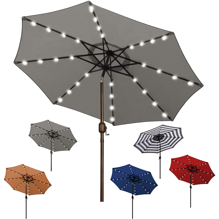 Blissun 9 ft Solar Umbrella 32 LED Lighted Patio Umbrella Table Market  Umbrella with Tilt and Crank Outdoor Umbrella for Garden, Deck, Backyard,  Pool and Beach (Black and White) - Walmart.com