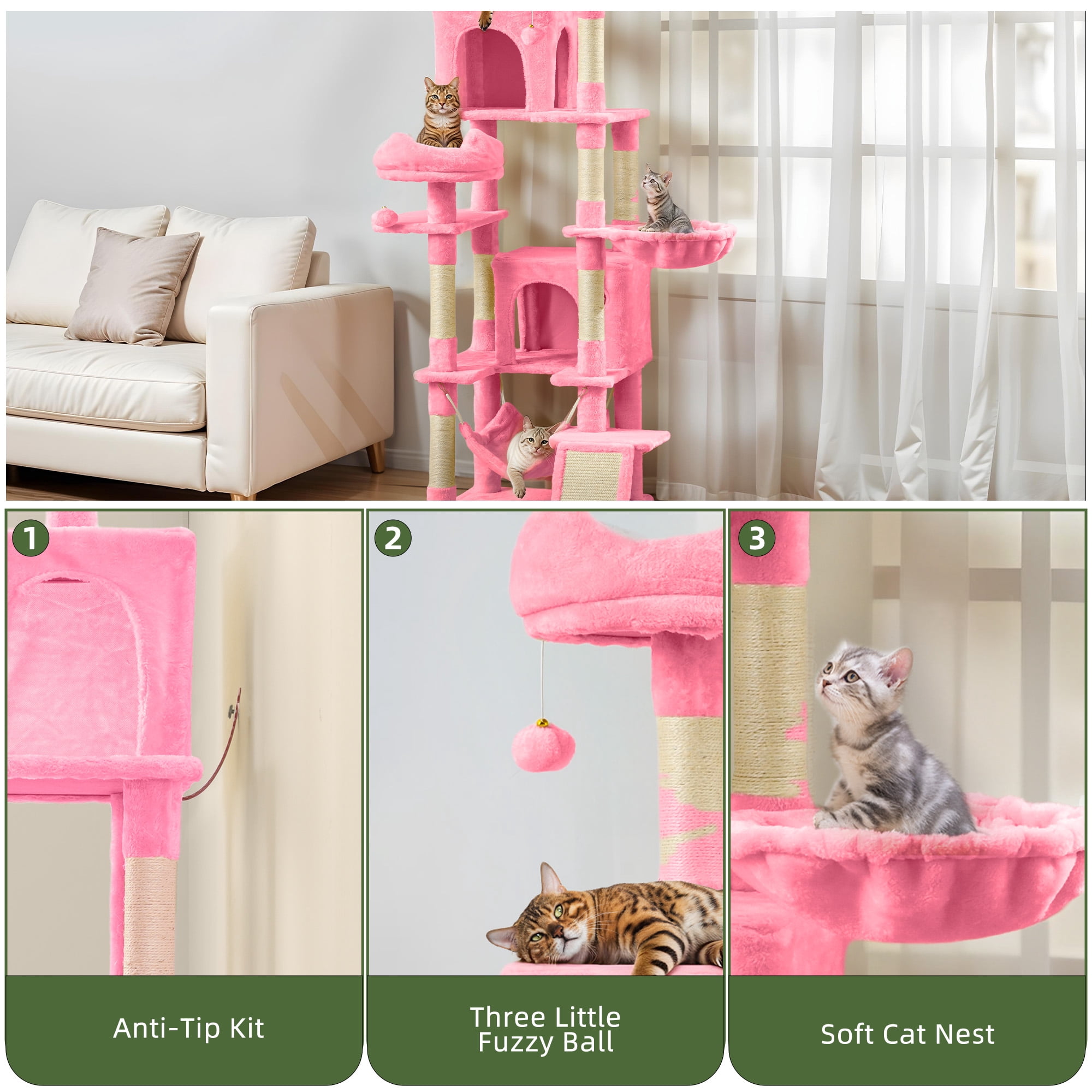 Uforic 75" Tall Cat Tree, Multi-Level Cat Tower with Condos, Hammocks, Scratching Posts, Pink