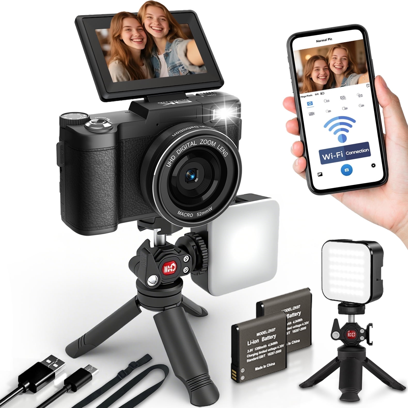 5K Vlogging Camera with WiFi 64MP 4K Digital Camera for Photography Vlog Camera with Flip Screen Video Camera for YouTube with Selfie Light, Mini Tripod, Batteries