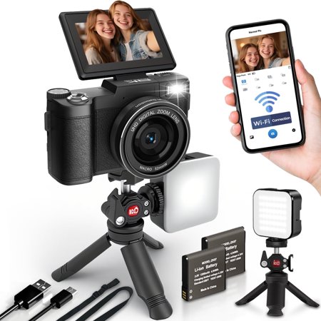 5K Vlogging Camera with WiFi 64MP 4K Digital Camera for Photography Vlog Camera with Flip Screen Video Camera for YouTube with Selfie Light, Mini Tripod, Batteries
