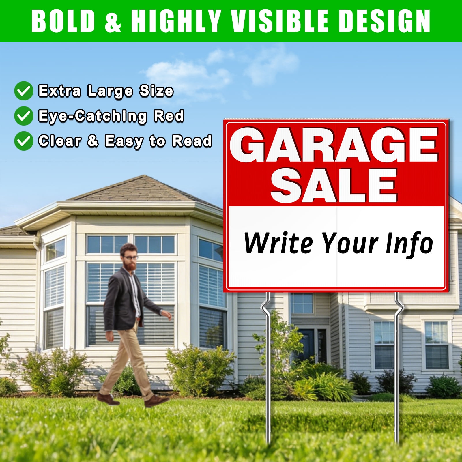 cyrico 3 Pcs Garage Sale Signs with Stakes, 24" x 17" Extra Large Yard Sale Signs, Double-Sided Weatherproof Corrugated Plastic, Includes Directional Arrow Stickers for Outdoor Garage Sale Supplies