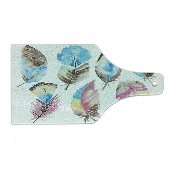 Feather Cutting Board, Abstract Feathers with Display Watercolor Style Boho Inspiration Vintage, Decorative Tempered Glass Cutting and Serving Board, Wine Bottle Shape, Multicolor, by Ambesonne