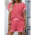 thumbnail image 5 of Women'S Summer 2 Piece Sets Striped Short Sleeve T Shirts and Shorts Loungewear Matching Set Deep Pink L, 5 of 9