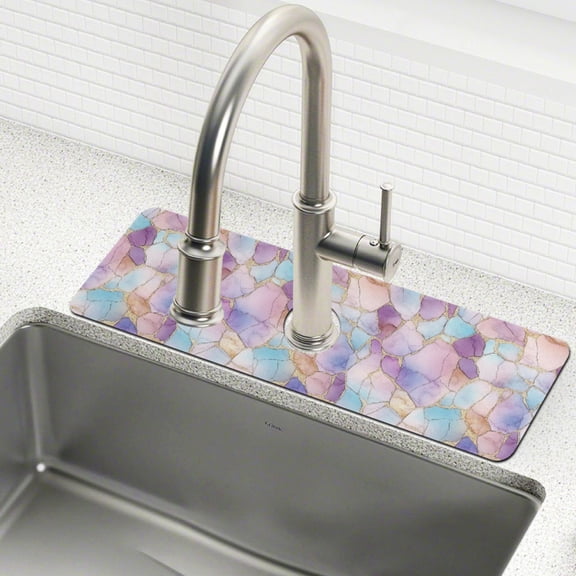 Yayeee Faucet Mat for Kitchen Sink 14.7" Diatomite Long Splash Guard Pad, Watercolor Marble Pattern