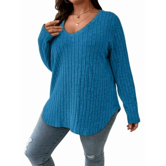 Women'S Plus Size Casual Knitted V-Neck Long Sleeve Sweater Blue 5XL