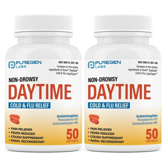 Puregen Labs Non-Drowsy Cold & Flu Multi-Symptom Relief, 50 Ct, 2-Pack