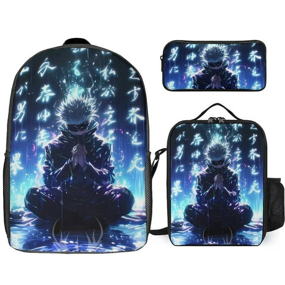 Jujutsu Kaisen Satoru Gojo 3 Piece Backpack Set with Lunch Bag Pencil Case, High Capacity Bookbag with Lunch Box Pen Box for Man Women Workplace Travel