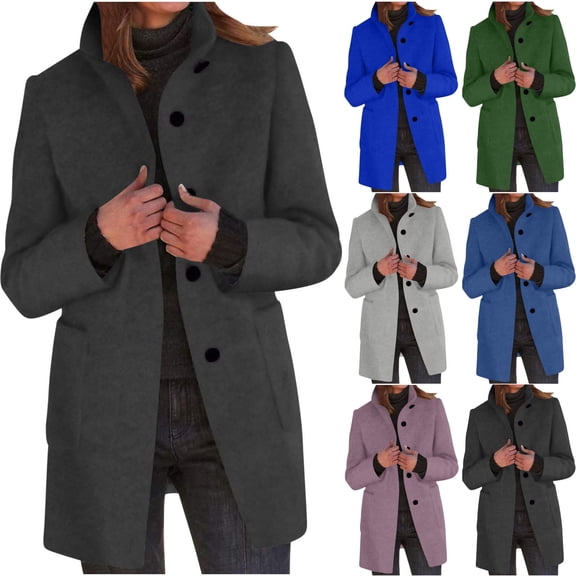 Lovzfmll Fall Jackets for Women, Solid Color Vintage Trench Coat, Notched Collar Tweed Jacket with Pockets, Fall Winter Clothing