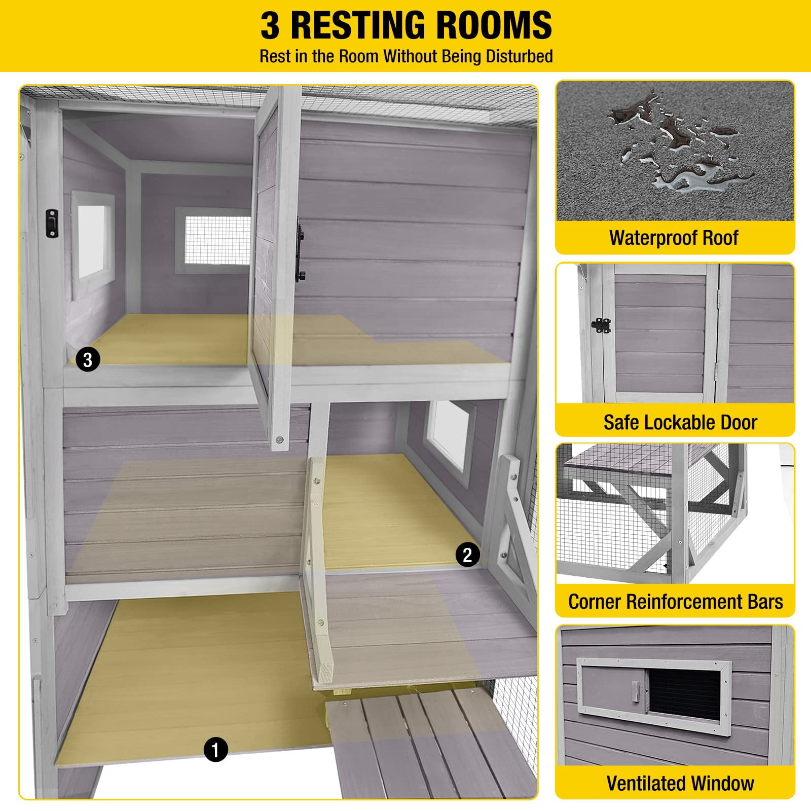 4 Tier Large Catio Enclosure for Indoor Outdoor Cats, Multi-Level Cat House with Weatherproof Roof, 3 Cozy Rooms, 5 Windows, 3 Platforms, Spacious Pet Play Area, Grey