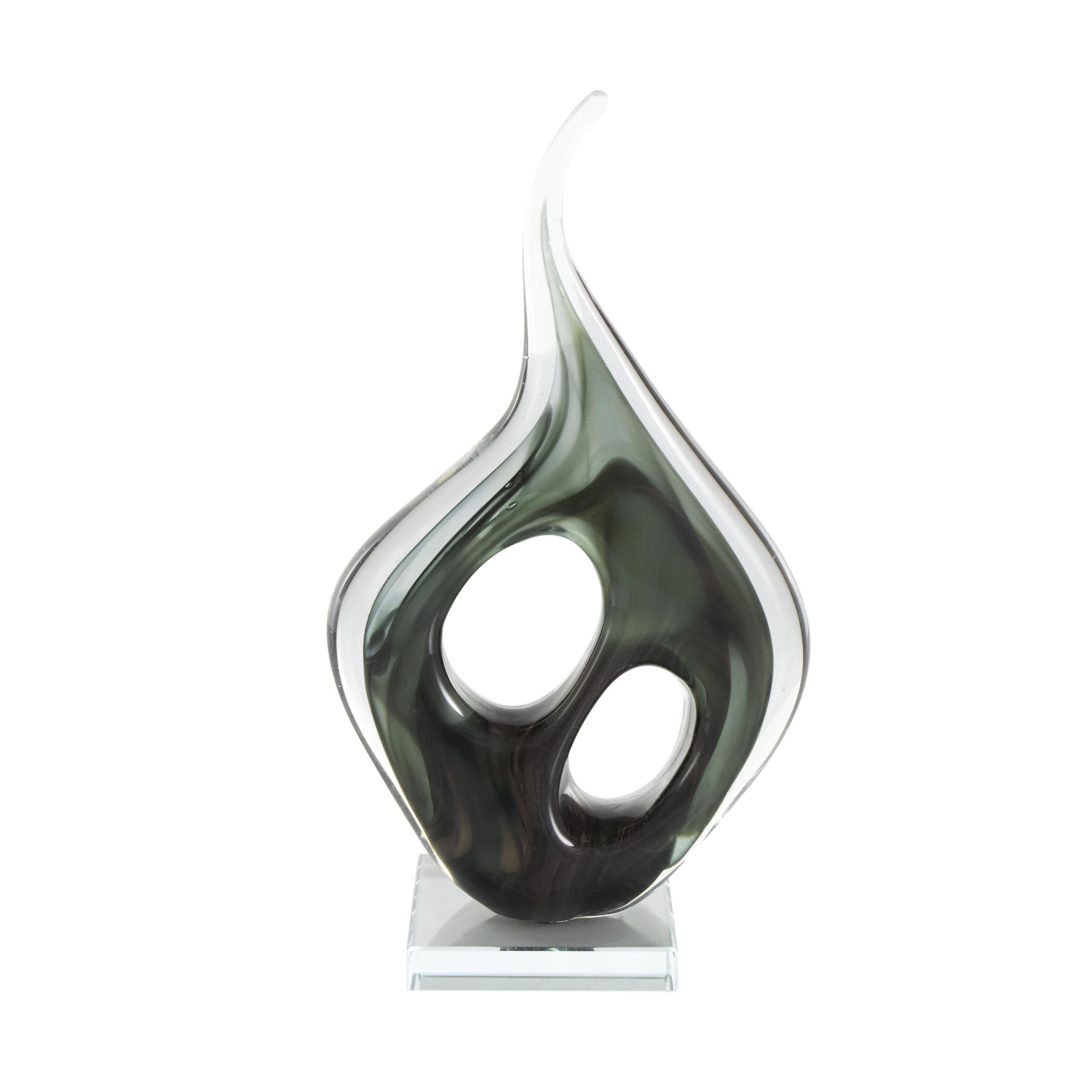 7" x 13" Green Glass Curved Cutout Abstract Sculpture with Swirl Patterns, by DecMode