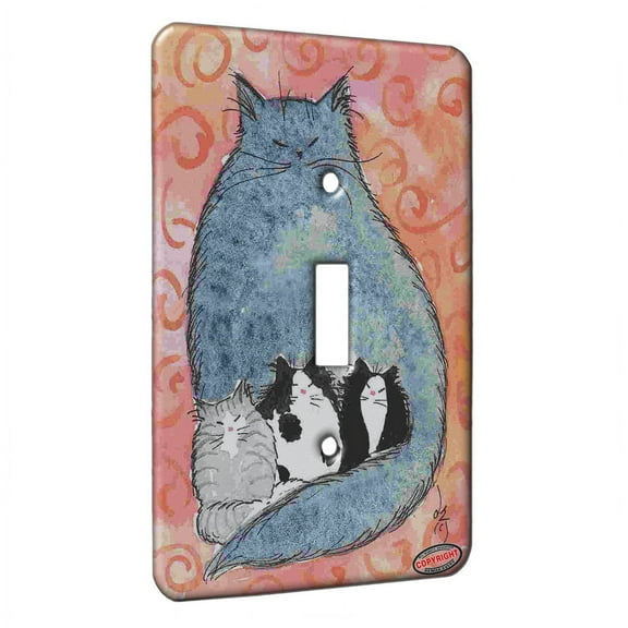 KuzmarK™ Single Gang Toggle Switch Wall Plate - Maine Coon Kitties Mama and Kittens on Pink Swirls Cat Art by Denise Every