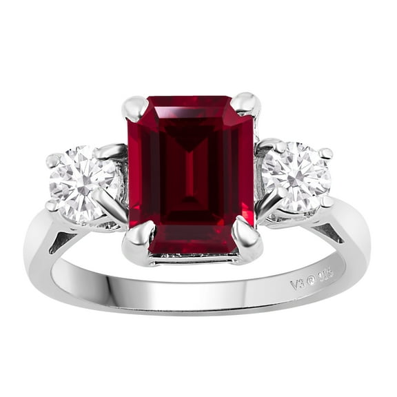 Sterling Silver with Ruby andWhite Topaz Three Stone Ring