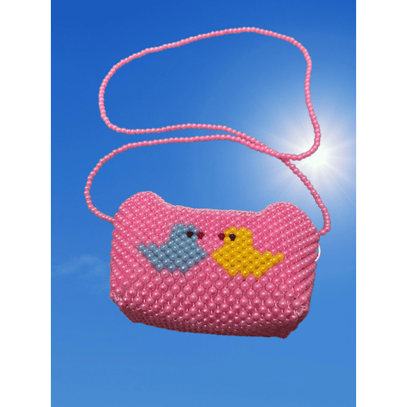 Girls bag purse, bead, cross-body bag, best for birthday gift, pink with bird