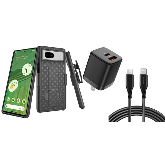 Belt Clip Case and Fast Home Charger Combo for Google Pixel 7 - Swivel Holster PD Type-C Power Adapter 6ft Long USB-C Cable Kickstand Cover 2-Port Quick Charge fits Google Pixel 7