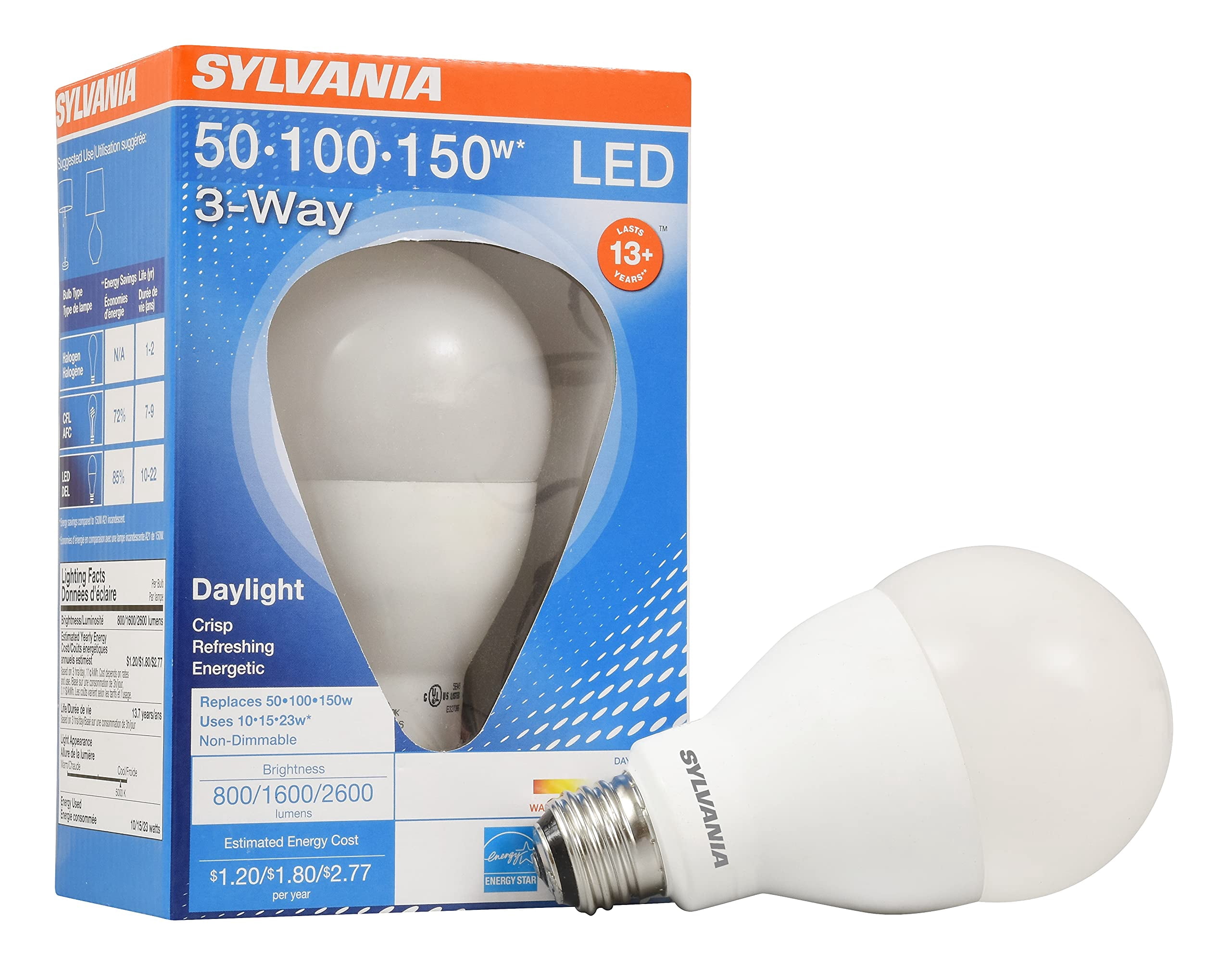 (4 bulbs) SYLVANIA A21 LED Light Bulb, 3 Way, 50W/ 100W/ 150W, 13 Year, Non-Dimmable, Up to 2600 Lumens, 5000K, Daylight (79770)