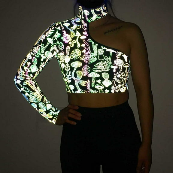 Penkiiy Women Reflective One Shoulder Top Long Sleeve Irregular Cargo Crop Top Blouses S Multicolor