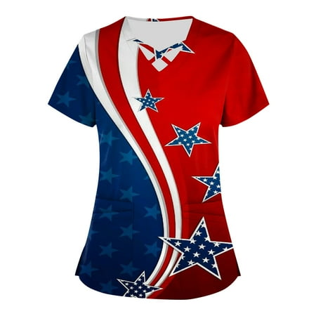 

KSCYKKKD Womens Tops Plus Size Independence Day Printed Scrub Working Uniform Tops for Womens Cross V Neck Short Sleeve Fun T-shirtss Workwear Tee with Pockets Wine XL