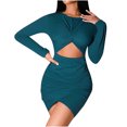 thumbnail image 1 of Vestido corto de manga larga con falda de cadera envuelta informal de color sólido con costura de cuello redondo para mujer Wmkox8yi  FGJ507, 1 of 9