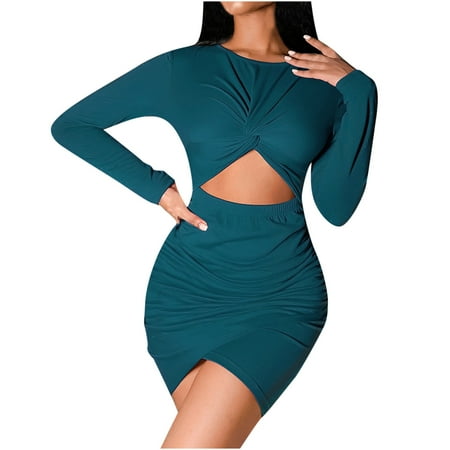 

COBKK Skirts For Women Sexy Nightclub Skirt Women s O-Neck Stitching Solid Color Casual Wrapped Hip Skirt Cropped Dress Long Sleeve Short Dress Skirts For Women Wedding Guest Blue M