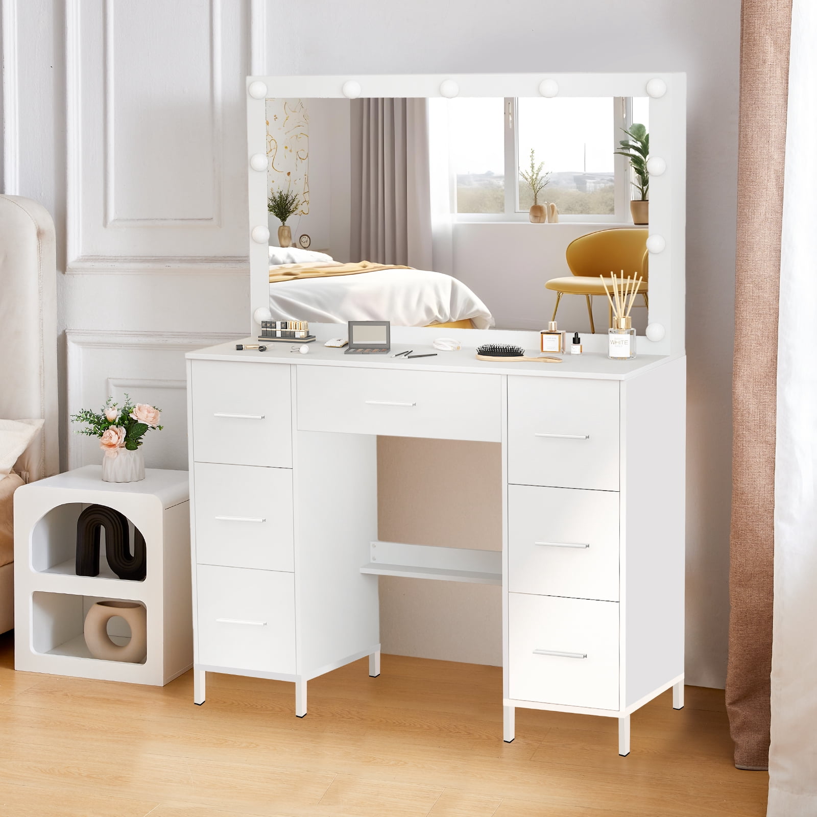 JBLCC Vanity Desk with Mirror and Lights, 7-Drawer Makeup Vanity Table with Hollywood Bulbs for Bedroom, Dressing Table for Women & Girls, White