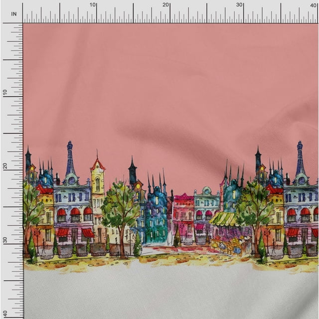 Soimoi Cotton Voile Fabric Buildings Panel Print Fabric by Yard 42 Inch Wide
