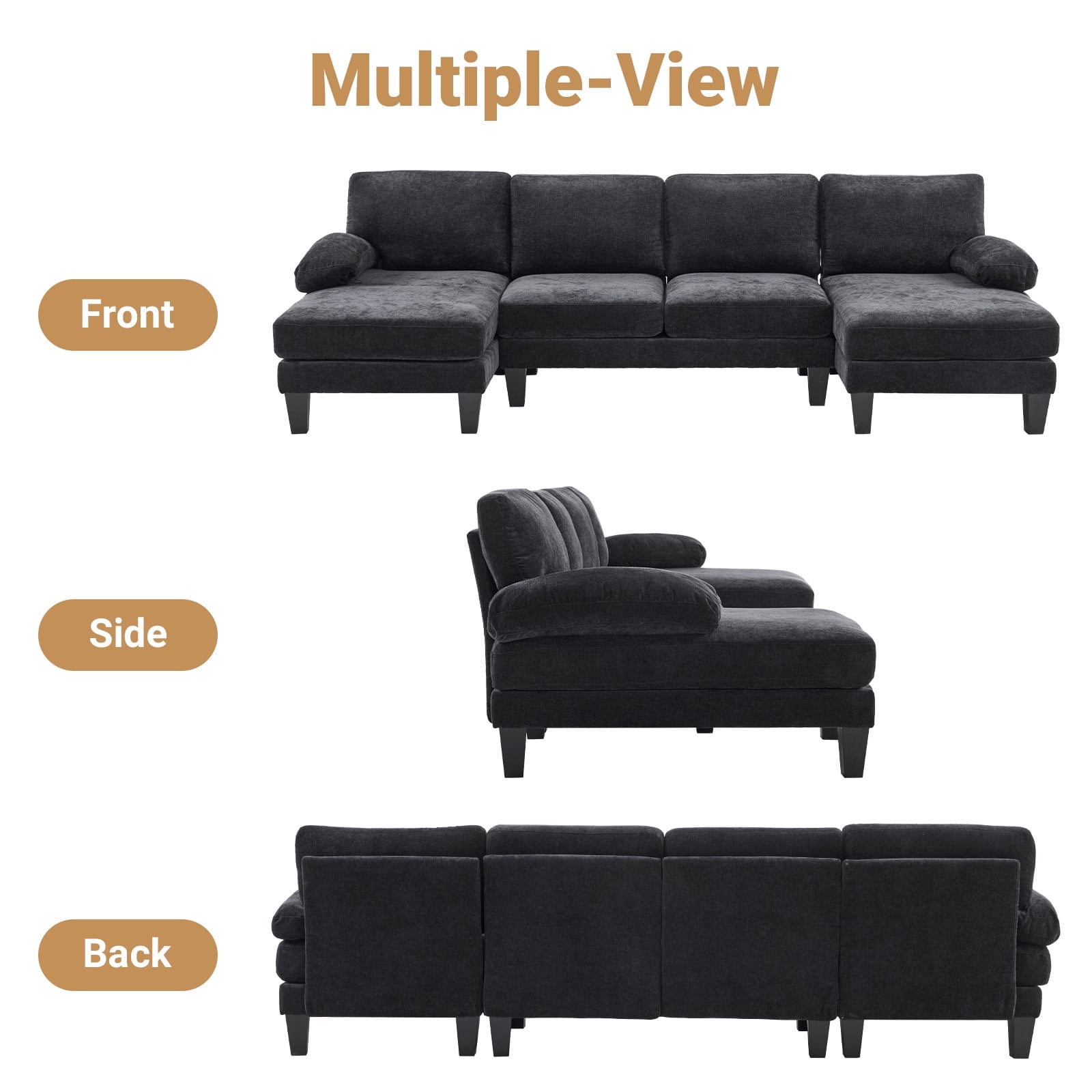 Ktaxon U-Shaped Sectional Sofa, 111"  Chenille Couch, 4 Seat Lounge Sleeper with Double Chaise for Living Room Black