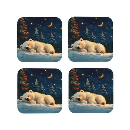 

Leather Coasters Set of 4 - Starry Sky Sleep White Bear Lightweight Non-Slip Drink Coasters for Desk Anti-Scalding Desk Cup Coasters for Office Table Decor Square