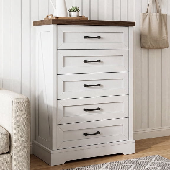 AODK 5 Drawer White Dresser for Bedroom, Storage Cabinet for Bedroom, Tall Chest of Drawers for Living Room, Entryway, Hallway, Walnut & White