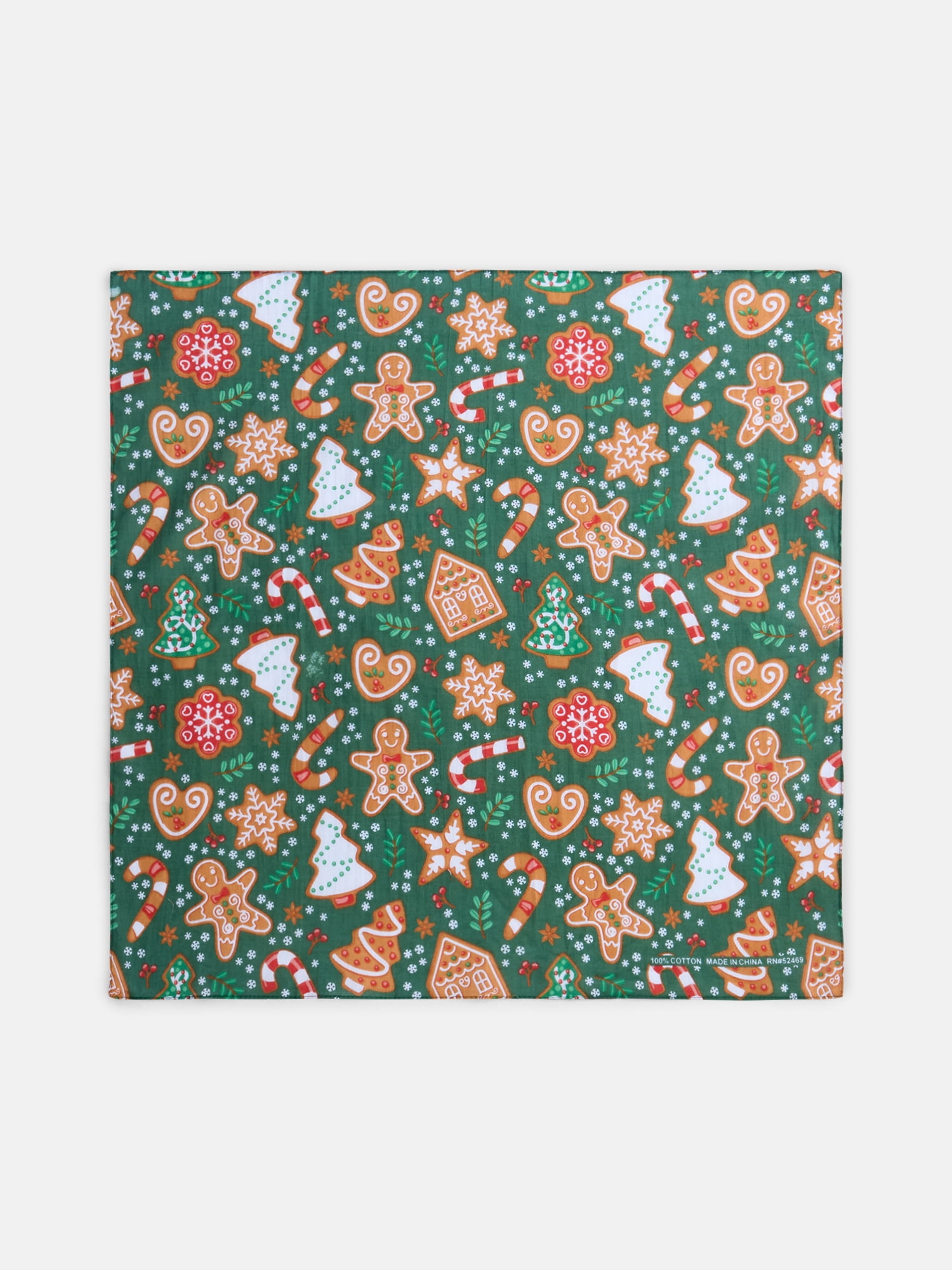 Holiday Time Woven Gingerbread Cookies Bandana, One Size, Green/Multi, Cotton