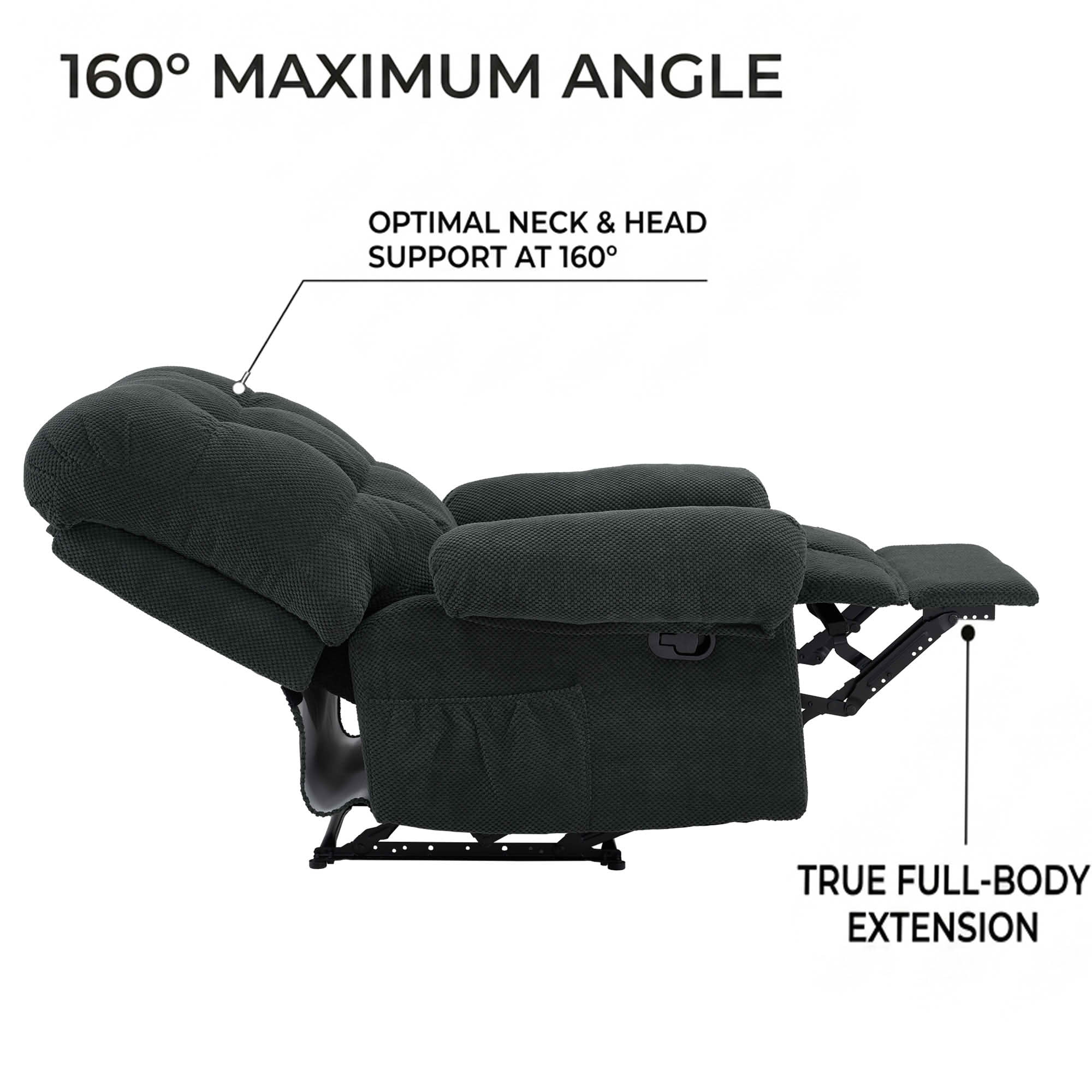 MAYEERTY 39 In Manual Recliner, Overstuffed Fabric Armchair, 160 Degree Recline, Dark Gray, 300 lb