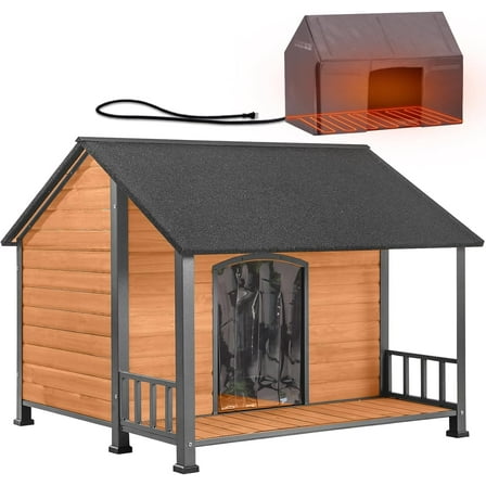 Aivituvin Heated Outdoor Dog House for Winter, Large Wooden Dog Kennel with Heated Pad, Insulated Liner, Metal Frame, Waterproof Roof, Raised Base and Porch for Medium to Large Dogs