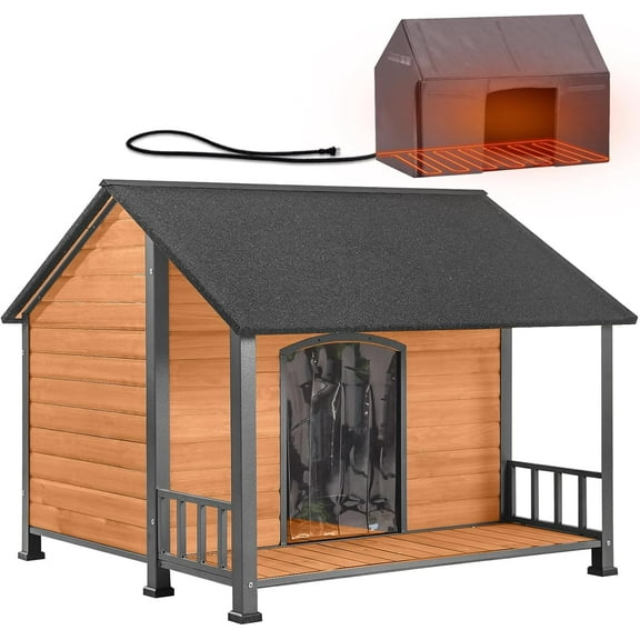 Aivituvin Heated Outdoor Dog House for Winter, Large Wooden Dog Kennel with Heated Pad, Insulated Liner, Metal Frame, Waterproof Roof, Raised Base and Porch for Medium to Large Dogs