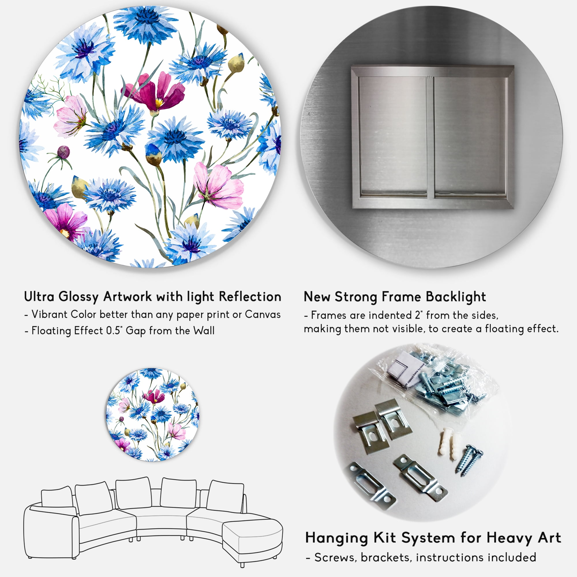 Designart 'Pink and Blue Wild Cornflowers' Traditional Circle Metal Wall Art 29x29 - Disc of 29