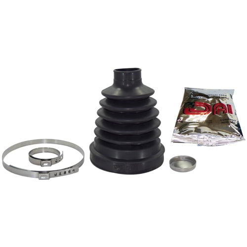 cubre polvo lado caja sandero 2010 al 2014 renault dai, fuelle CV nuevo con tripoide: vista frontal centrada de fuelle cónico de goma negra acompañado de abrazaderas metálicas, anillo y paquete de grasa DAI, 1 pieza para lado caja.