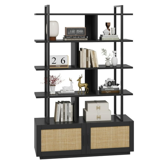 5-Tier Industrial Rattan Bookshelf with Storage Doors - Tall Open Shelving Unit for Home & Office