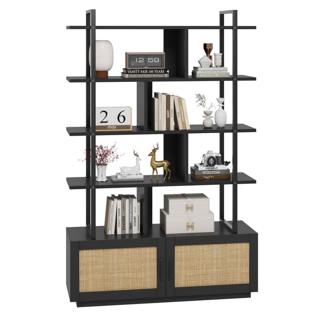 5-Tier Industrial Rattan Bookshelf with Storage Doors - Tall Open Shelving Unit for Home & Office