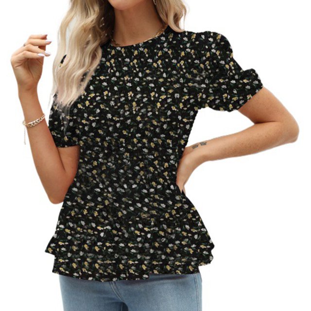 Camiseta de verano con dobladillo con volantes y mangas cortas con cuello redondo y estampado floral elástico para mujer