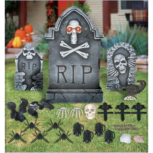 Way to Celebrate Halloween Gray Lighted Tombstones Decoration, Set of ...