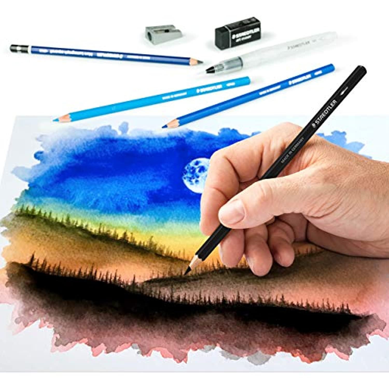 STAEDTLER Design Journey Watercolour Set of Mars Lumograph Pencils, Watercolour Pencils, A Water Brush and Accessories