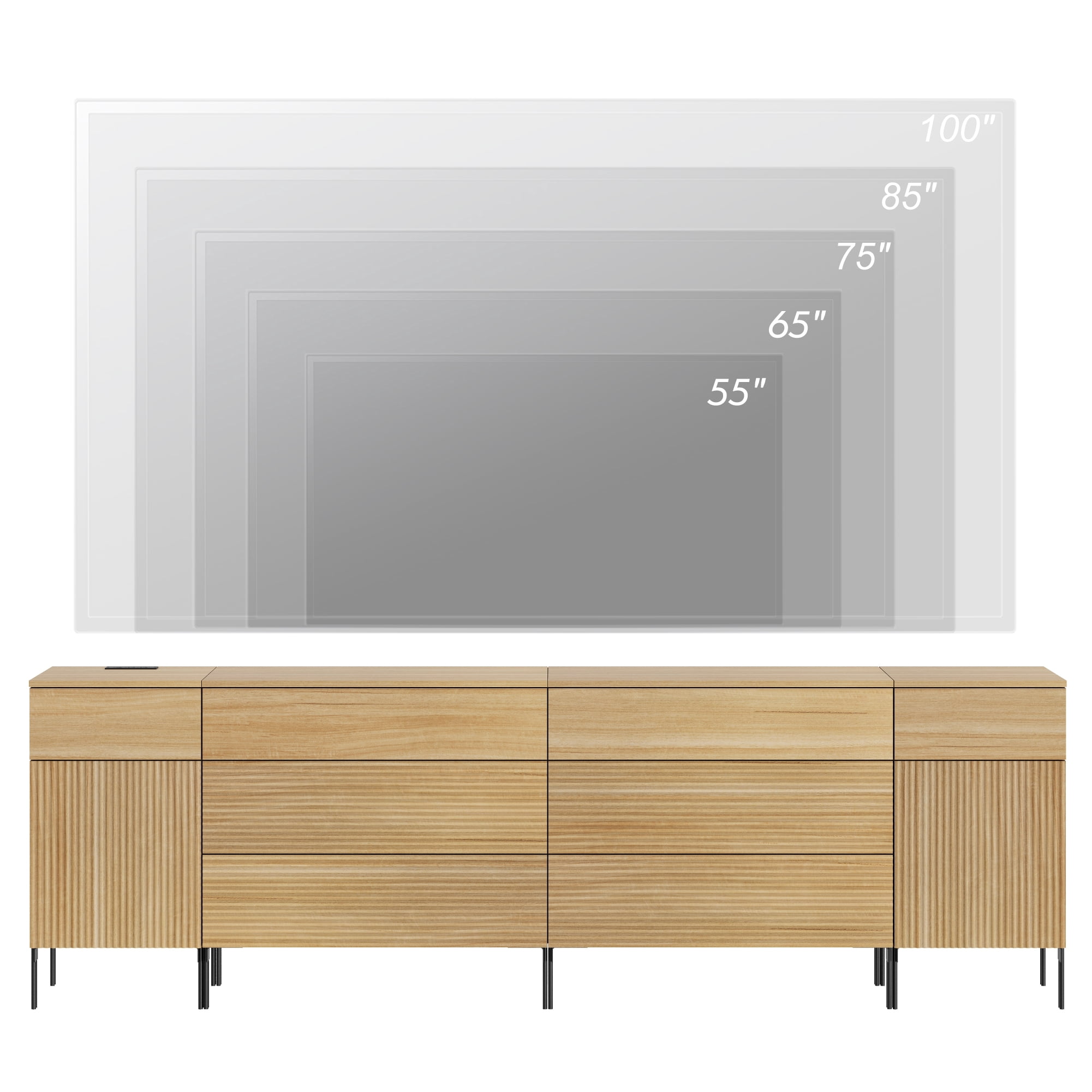 WAMPAT 94.5" TV Stand for TVs up to 100 Inch with Charging Station, Fluted Wood Media Console with 8 Drawers and 2 Door Cabinets, Push-to-Open Entertainment Center