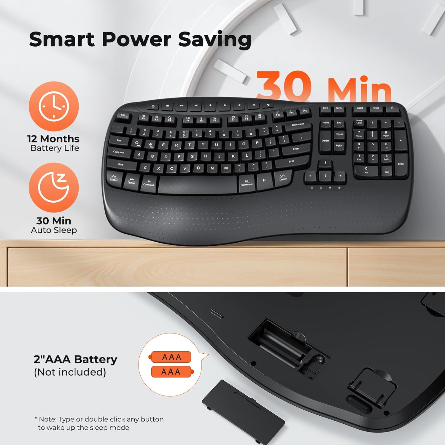 Meetion Wave Keys Ergonomic Keyboard, Wireless, Wrist Rest, 2.4G/USB-C for Windows/Mac - Black