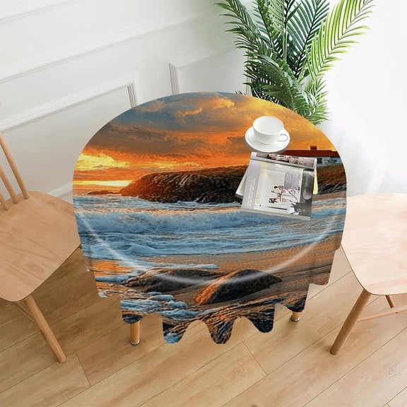 RKSupls 60 Inch Round Tablecloth, Lighthouse Coast Sunset Premium Polyester Straight Edge Wrinkle Resistant Washable Table Cover for Party Home Dining Decor