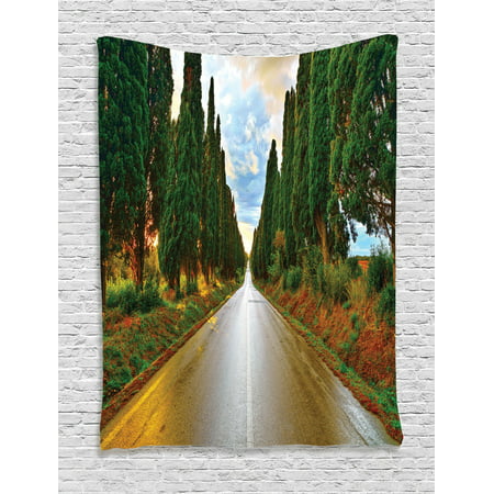 Tuscan Decor Wall Hanging Tapestry, Large Boulevard With Trees In Old European Village Country Life Destination Artistic Photo, Bedroom Living Room Dorm Accessories, By