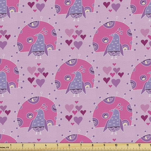 Bird Upholstery Fabric by the Yard, Feminine Pattern with Continuous Exotic Avian Pattern and Hearts, Decorative Fabric for DIY and Home Accents, Multicolor by Ambesonne