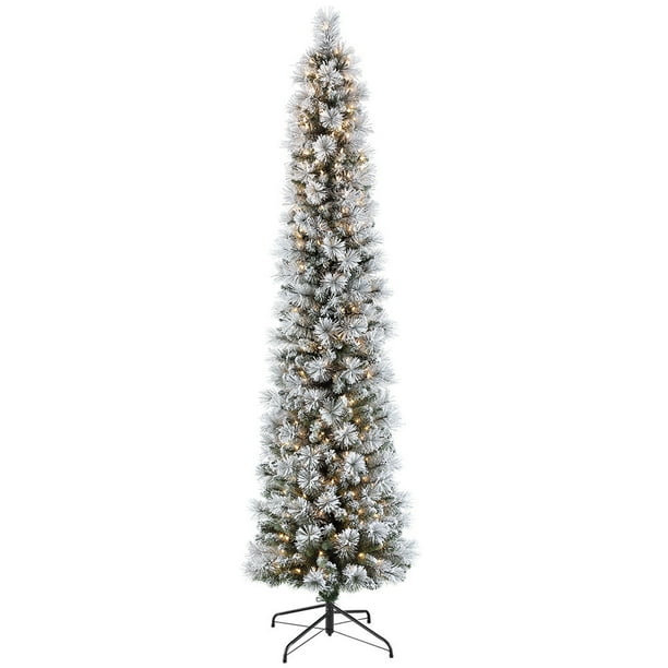 Puleo International 6.5 Ft. Pre-Lit Flocked Portland Pine Pencil Artificial Christmas Tree With 300 Ul- Listed Clear Lights - Walmart.com
