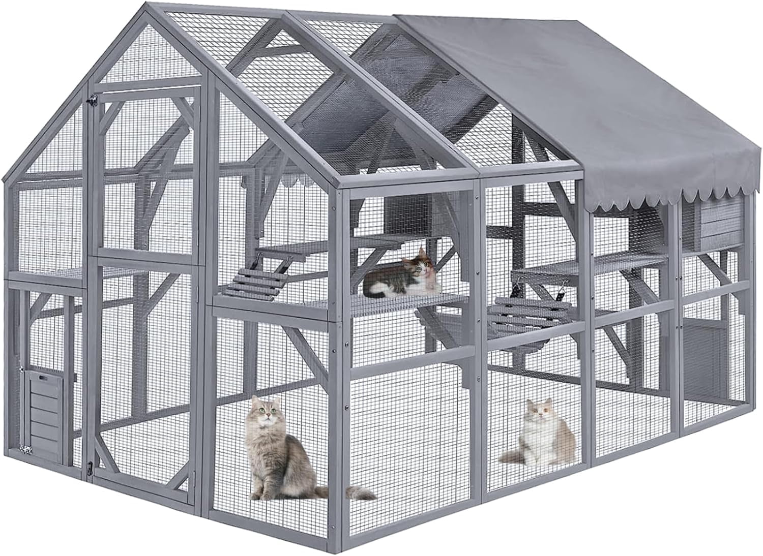 Large Catio Outdoor Cat House Enclosure Wooden Cat Cage Kitten Condo for Multiple Pets Walk in, with Bouncy Bridge, Platforms, Small Houses and Weatherproof Roof - 111”x74”x74”