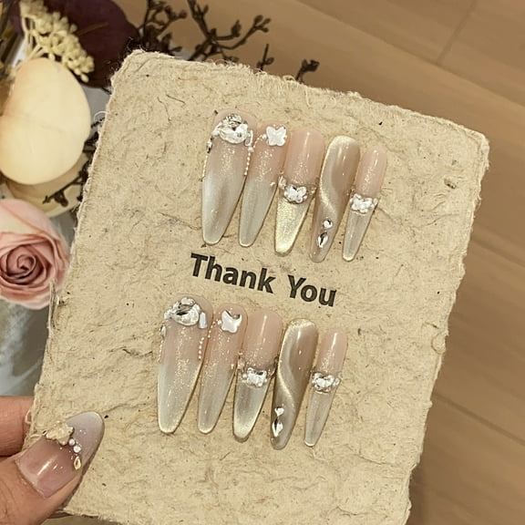 Cat eye Bling Handmade Press on Nails for Women Elegant Classy French Tip Extra Long Stiletto Gold Fake Nails