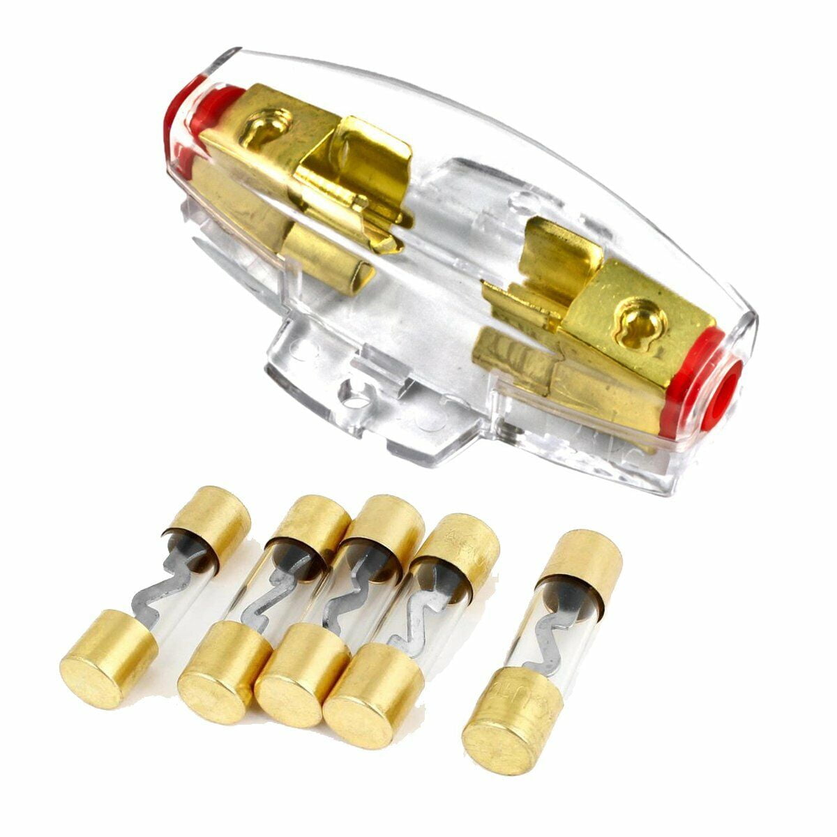 Gold Plated Universal Inline AGU 4 or 8 Gauge input/Output Fuse Holder with 100 Amp Fuses